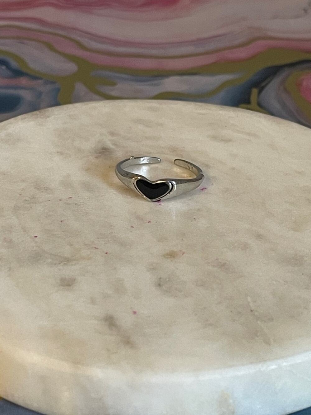 Silver Heart Ring with Black Enamel Accent - Women's Fashion Ring adjustable